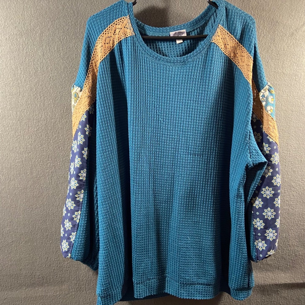 thermal Waffle Knit Top 3x oversized Floral Lace Teal Blue boho relaxed fit
